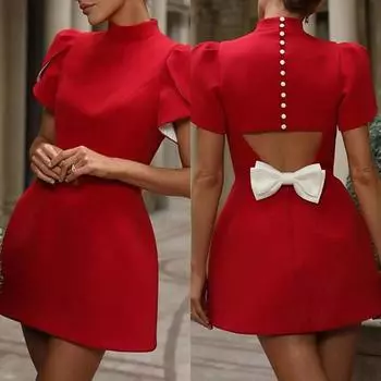 Женское повседневное сексуальное платье-мини с бантом и открытой спиной, а-силуэта, с коротким рукавом, с открытыми плечами, вечерние платья S красный
