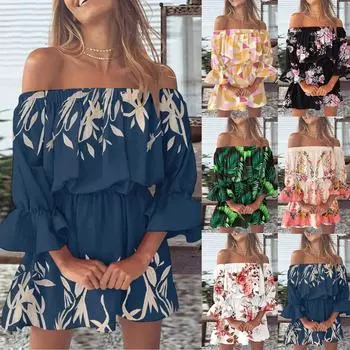 Женское повседневное сексуальное платье трапециевидной формы на одно плечо со средней талией и принтом с рюшами и рукавами M тёмно-синий