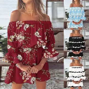 Женское повседневное сексуальное платье трапециевидной формы на одно плечо со средней талией и принтом с рюшами и рукавами XXL чёрный