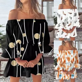 Женское повседневное сексуальное платье трапециевидной формы на одно плечо со средней талией и принтом с рюшами и рукавами XXL чёрный