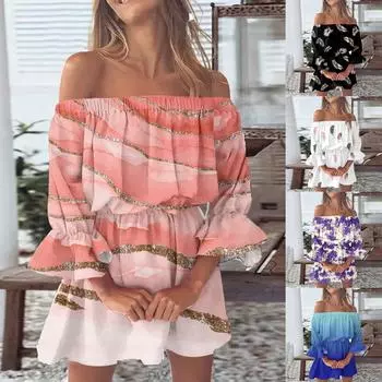 Женское повседневное сексуальное платье трапециевидной формы на одно плечо со средней талией и принтом с рюшами и рукавами XL чёрный