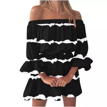 Женское повседневное сексуальное платье трапециевидной формы на одно плечо со средней талией и принтом с рюшами и рукавами M белый