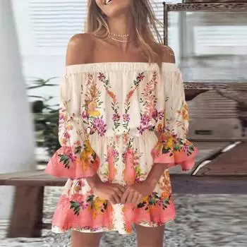 Женское повседневное сексуальное платье трапециевидной формы на одно плечо со средней талией и принтом с рюшами и рукавами S темно-синий