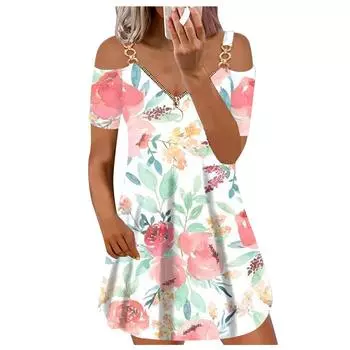 Женское повседневное сексуальное свободное модное платье на молнии с v-образным вырезом и открытыми плечами M белый