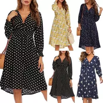 Женское повседневное шифоновое платье с v-образным вырезом и длинными рукавами с принтом и ласточкиным хвостом XL чёрный