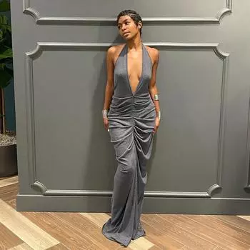 Женское повседневное сплошное цветное длинное платье с v-образным вырезом и короткими рукавами, свободное длинное платье с боковым разрезом S серый