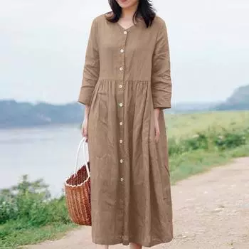 Женское повседневное сплошное цветное свободное платье с рукавами 3/4 с круглым вырезом S хаки