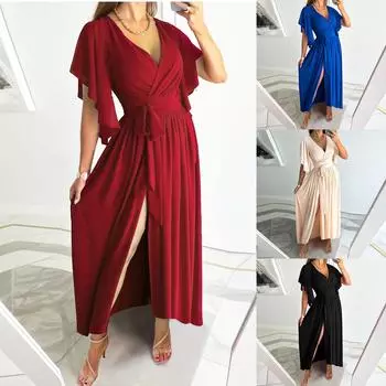 Женское повседневное сплошное платье с нерегулярными расклешенными рукавами, свободное длинное платье с V-образным вырезом L чёрный