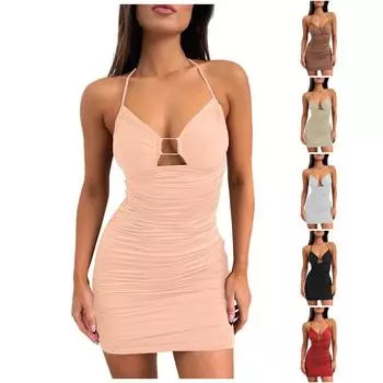 Женское повседневное сплошное сексуальное сексуальное платье с вырезами без рукавов L бежевый