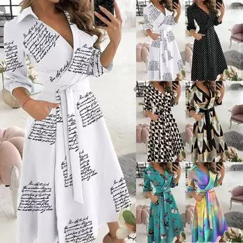 Женское повседневное свободное бандажное платье с короткими рукавами и v-образным вырезом до щиколотки с принтом L чёрный