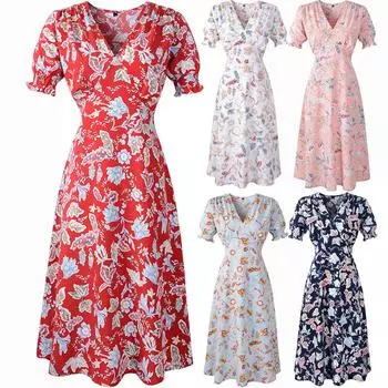 Женское повседневное свободное богемное платье длиной до колена с v-образным вырезом и принтом, пляжное платье M синий