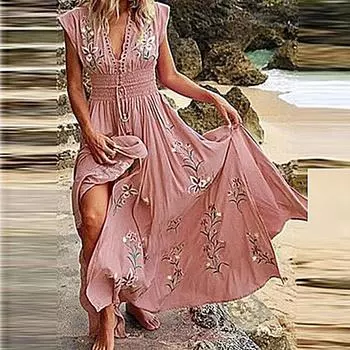 Женское повседневное свободное богемное платье с цветочным принтом, длинное макси-платье с коротким рукавом, летнее пляжное платье-качели XXL красный