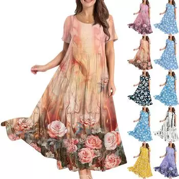 Женское повседневное свободное богемное платье с цветочным принтом, длинное макси-платье с коротким рукавом, летнее пляжное платье-качели L чёрный