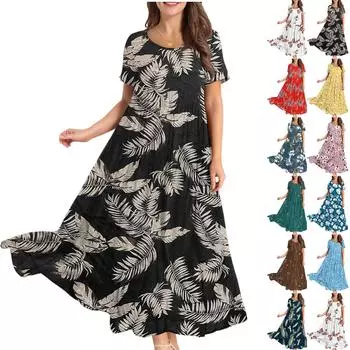 Женское повседневное свободное богемное платье с цветочным принтом, длинное макси-платье с коротким рукавом, летнее пляжное платье-качели L армия зеленый