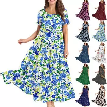 Женское повседневное свободное богемное платье с цветочным принтом, длинное макси-платье с коротким рукавом, летнее пляжное платье-качели S