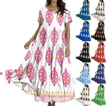 Женское повседневное свободное богемное платье с цветочным принтом, длинное макси-платье с коротким рукавом, летнее пляжное платье-качели S