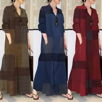 Женское повседневное свободное длинное платье-рубашка из хлопка и льна с принтом One size коричневый