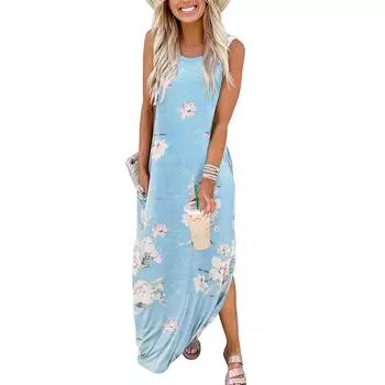 Женское повседневное свободное длинное платье с карманами и принтом тай-дай без рукавов с разрезом макси-платья M