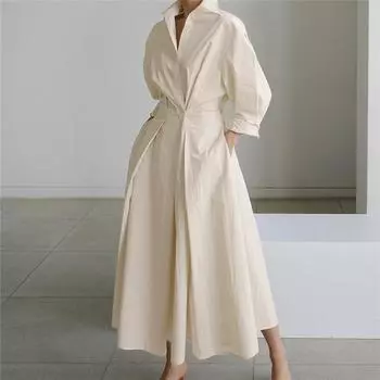 Женское повседневное свободное длинное платье с отложным воротником и длинным рукавом S бежевый