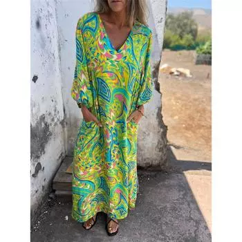 Женское повседневное свободное длинное платье с длинными рукавами и V-образным вырезом с принтом L синий