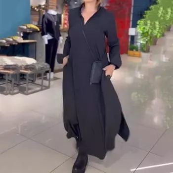 Женское повседневное свободное длинное платье с длинными рукавами и лацканами L чёрный