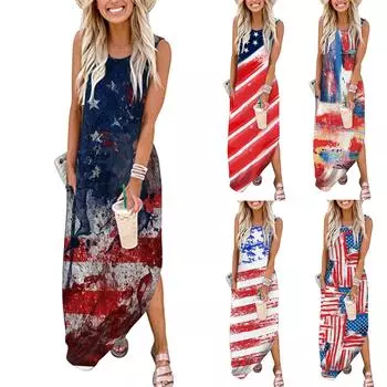 Женское повседневное свободное длинное платье с карманом и принтом на День независимости, платья без рукавов L синий