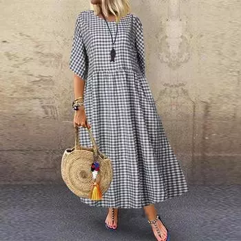 Женское повседневное свободное длинное платье в клетку с круглым вырезом в клетку S чёрный