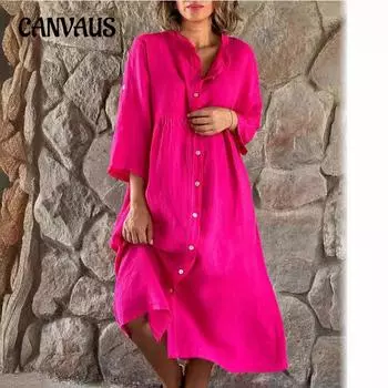 Женское повседневное свободное хлопково-льняное платье больших размеров без рукавов с воротником-рубашкой, длинное платье на пуговицах