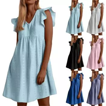 Женское повседневное свободное и модное ажурное однотонное платье с короткими рукавами и V-образным вырезом L чёрный