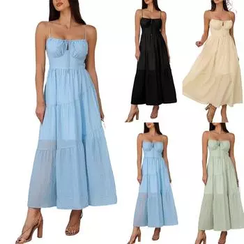 Женское повседневное свободное и модное длинное однотонное платье-комбинация с высокой талией L чёрный