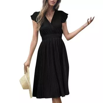 Женское повседневное свободное и модное плиссированное платье с V-образным вырезом и короткими рукавами, однотонное платье L чёрный