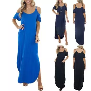 Женское повседневное свободное карманное длинное платье с открытыми плечами и коротким рукавом с разрезом макси-платье L чёрный