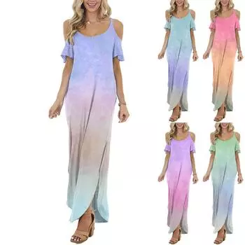 Женское повседневное свободное карманное длинное платье с открытыми плечами и коротким рукавом с разрезом макси-платье L синий