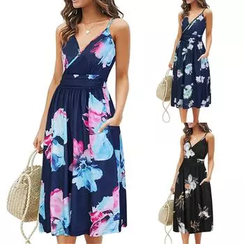 Женское повседневное свободное карманное платье, модное пляжное платье без рукавов, темпераментное XXL чёрный