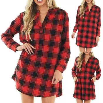 Женское повседневное свободное красное клетчатое платье-рубашка средней длины с v-образным вырезом, осень M красный