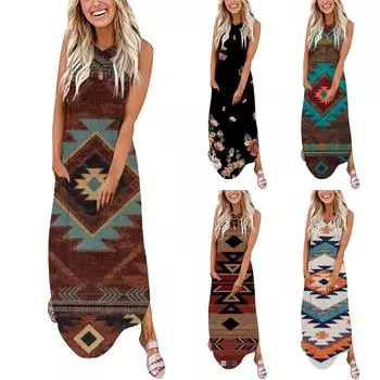 Женское повседневное свободное летнее платье-майка с принтом, пляжный сарафан, платья без рукавов с круглым вырезом M синий