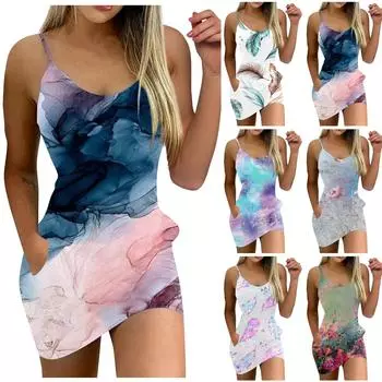 Женское повседневное свободное модное платье-бретелька с круглым вырезом и карманами