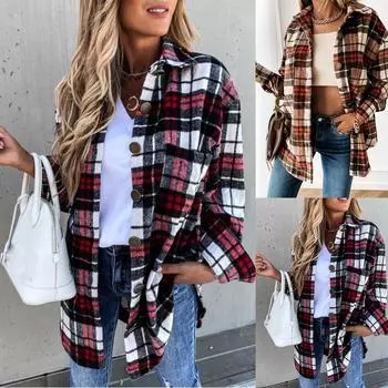 Женское повседневное свободное однобортное длинное пальто в клетку с длинными рукавами и пуговицами L коричневый