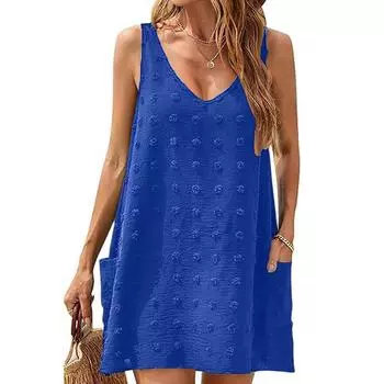 Женское повседневное свободное однотонное платье без рукавов с большим бантом XL синий