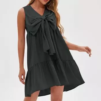 Женское повседневное свободное однотонное платье без рукавов с большим бантом XL чёрный