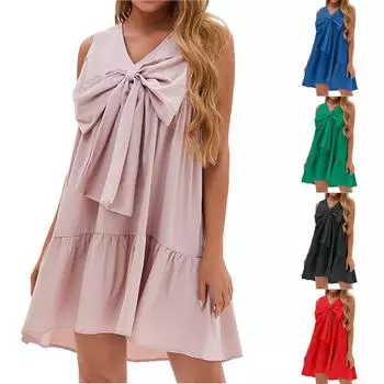 Женское повседневное свободное однотонное платье без рукавов с большим бантом L армия зеленый