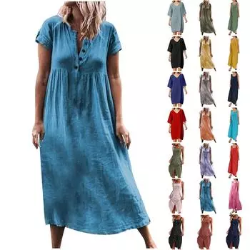 Женское повседневное свободное однотонное платье средней длины с короткими рукавами и пуговицами M синий
