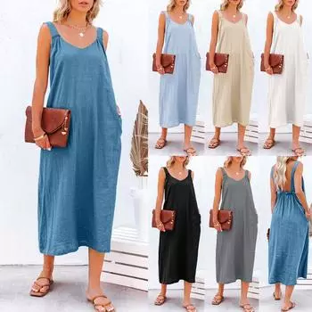 Женское повседневное свободное платье без рукавов с рюшами и открытой спиной, летнее платье-майка с карманами L чёрный