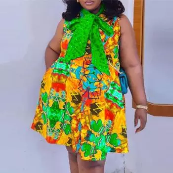 Женское повседневное свободное платье без рукавов с круглым вырезом и принтом большого размера M жёлтый