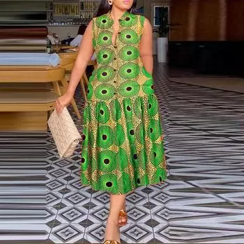 Женское повседневное свободное платье без рукавов с воротником-стойкой и принтом больших размеров M зелёный