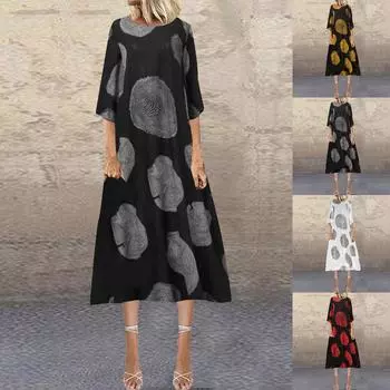 Женское повседневное свободное платье больших размеров, хлопково-льняное платье, платье с рукавом три четверти S чёрный