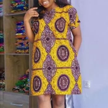 Женское повседневное свободное платье больших размеров с круглым вырезом и коротким рукавом с принтом M жёлтый