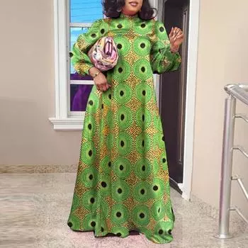 Женское повседневное свободное платье больших размеров с воротником-стойкой и длинными рукавами с принтом M зелёный