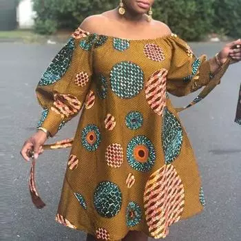 Женское повседневное свободное платье большого размера с открытыми плечами и длинными рукавами с принтом M коричневый