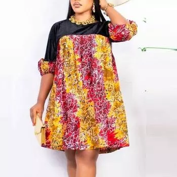 Женское повседневное свободное платье большого размера с круглым вырезом и средним рукавом с принтом в стиле пэчворк M